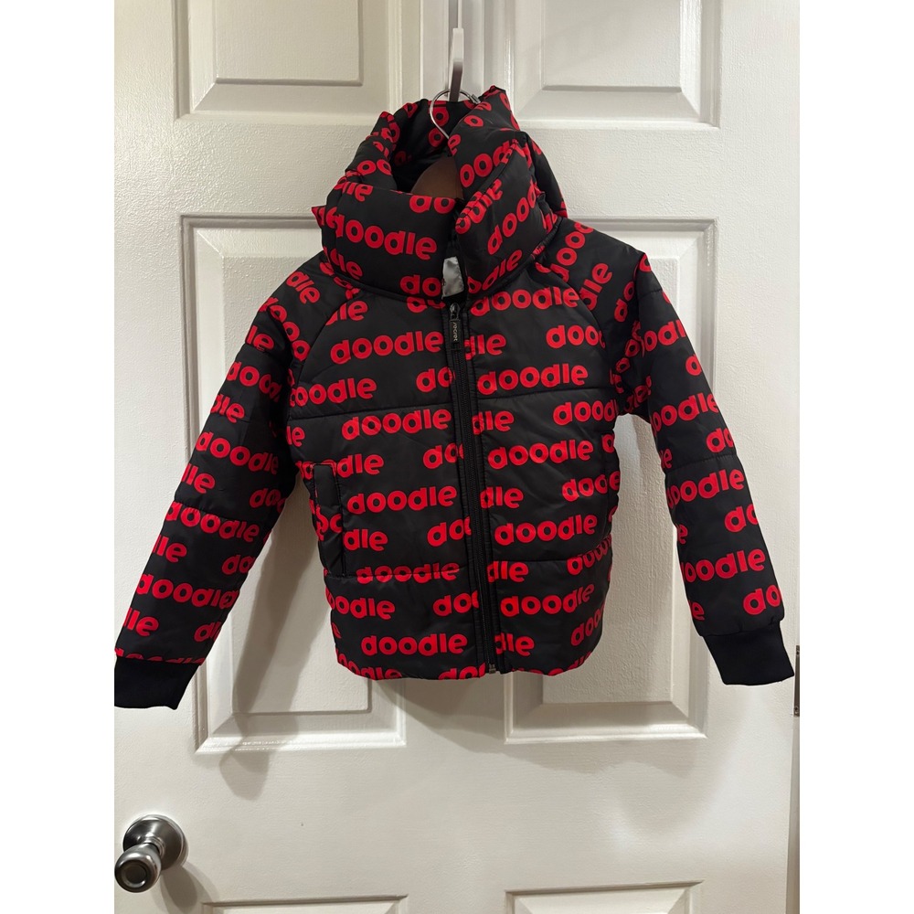 Secret Scientist Doodle Puffer Jacket Kids Black Red Logo Hooded Zip Up Coat -4T
